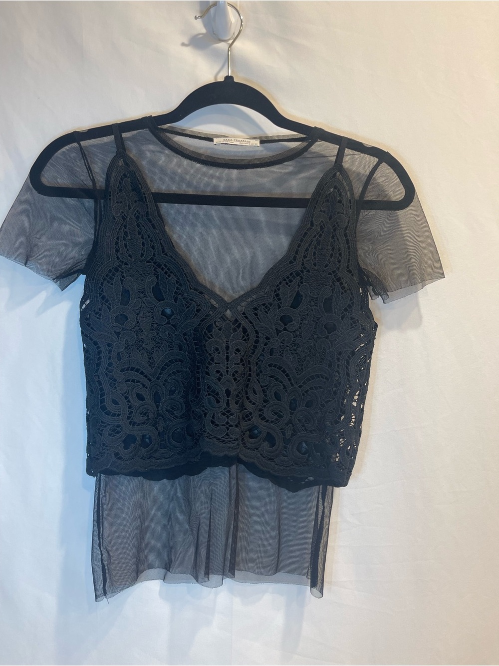 Zara Black Lace Overlay Mesh Top